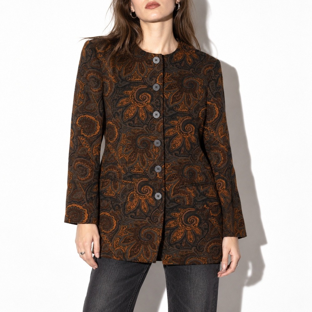 90s Vintage Paisley Tunic Top Women 6 Gray Brown Ochre Button Front Jones NY
